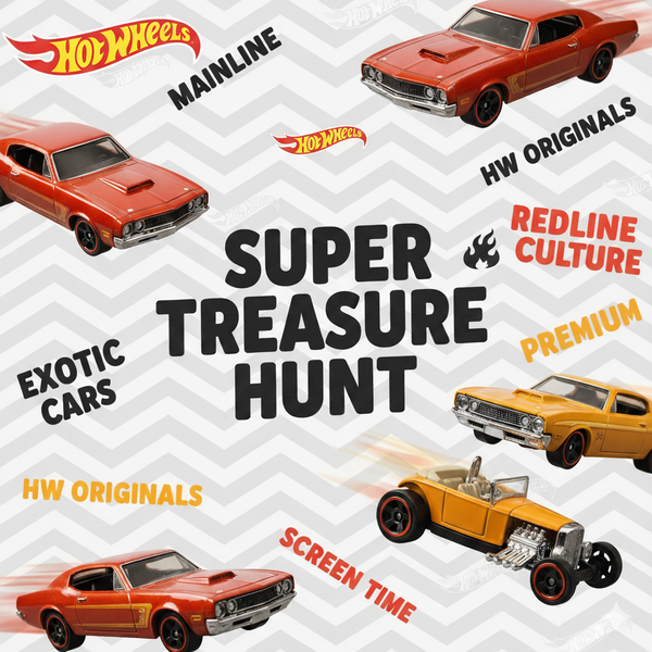 Hot Wheels collector display featuring Mainline, Premium, and Chase cars